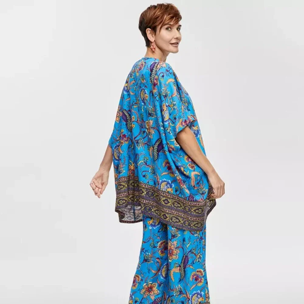 JM Collection Open Front Kimono‎ Cardigan Linen Blend Jacquard Print Sz 1X B33